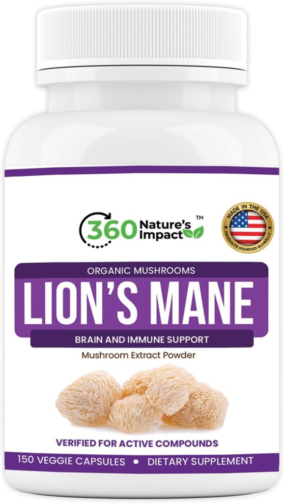 360 Nature 's Dampak Lions Mane Mushroom Pasokan Kapsul (150 Kapsul) untuk Suplemen Dukungan Kesehatan Otak, Tambahan Organik dengan Beta- Glans & Hypromellosa untuk Sistem Cognitive