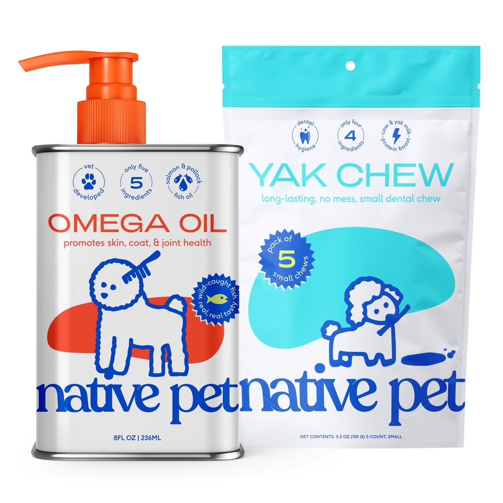 Native Pet Omega Oil for Dogs - Fish Oil Suplemen 8 Oz & 5 Kecil Yak Chews untuk Dogs 14; Pasture- Dibesarkan dan Organic Yak Cheese Churpi Sticks
