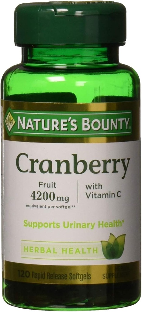 Nature 's Bounty Cranberry, Suplemen Kesehatan Herbal dengan Vitamin C, Mendukung Kesehatan Uuriner, 4200 mg, 120 Softgels