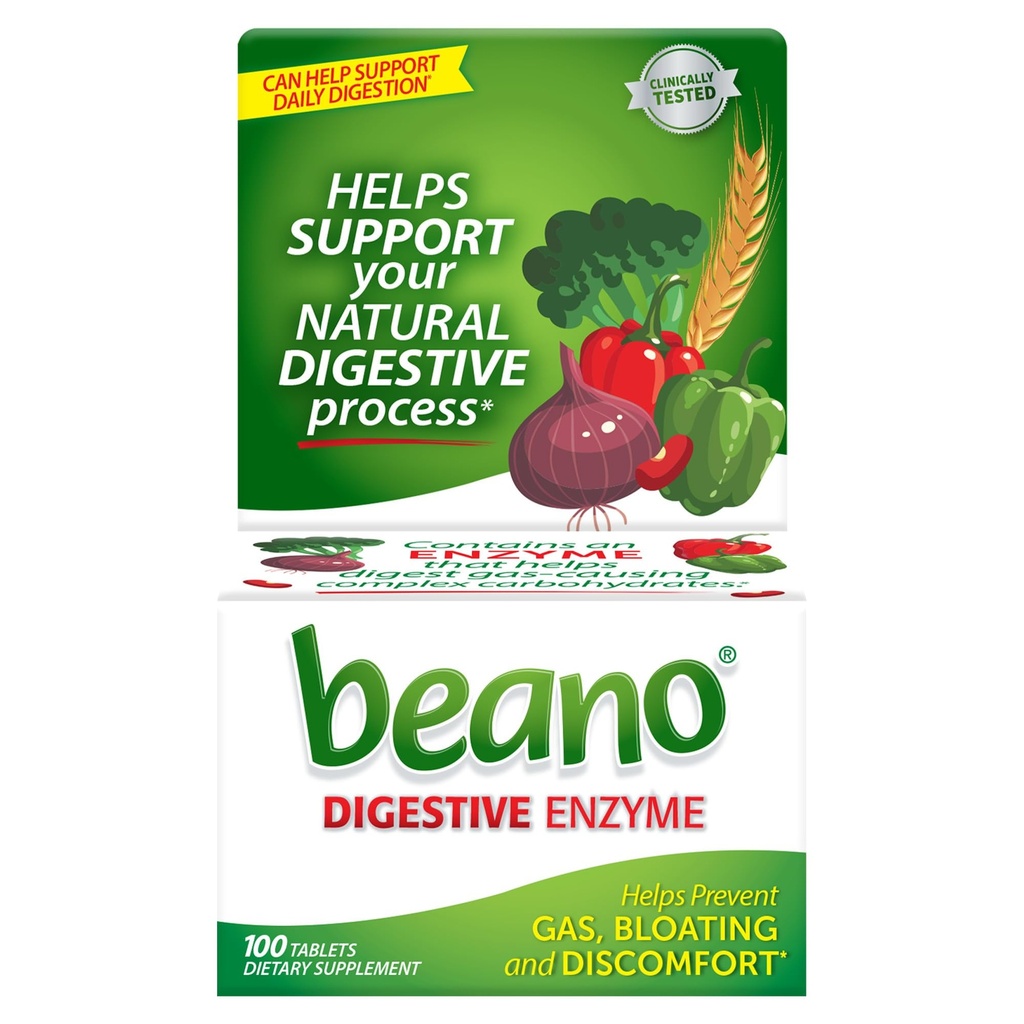 Beano Digetical Enzyme, Preventive Gas Relief untuk Dewasa, Membantu Mencegah Gas & Bloating, 100 Tablet