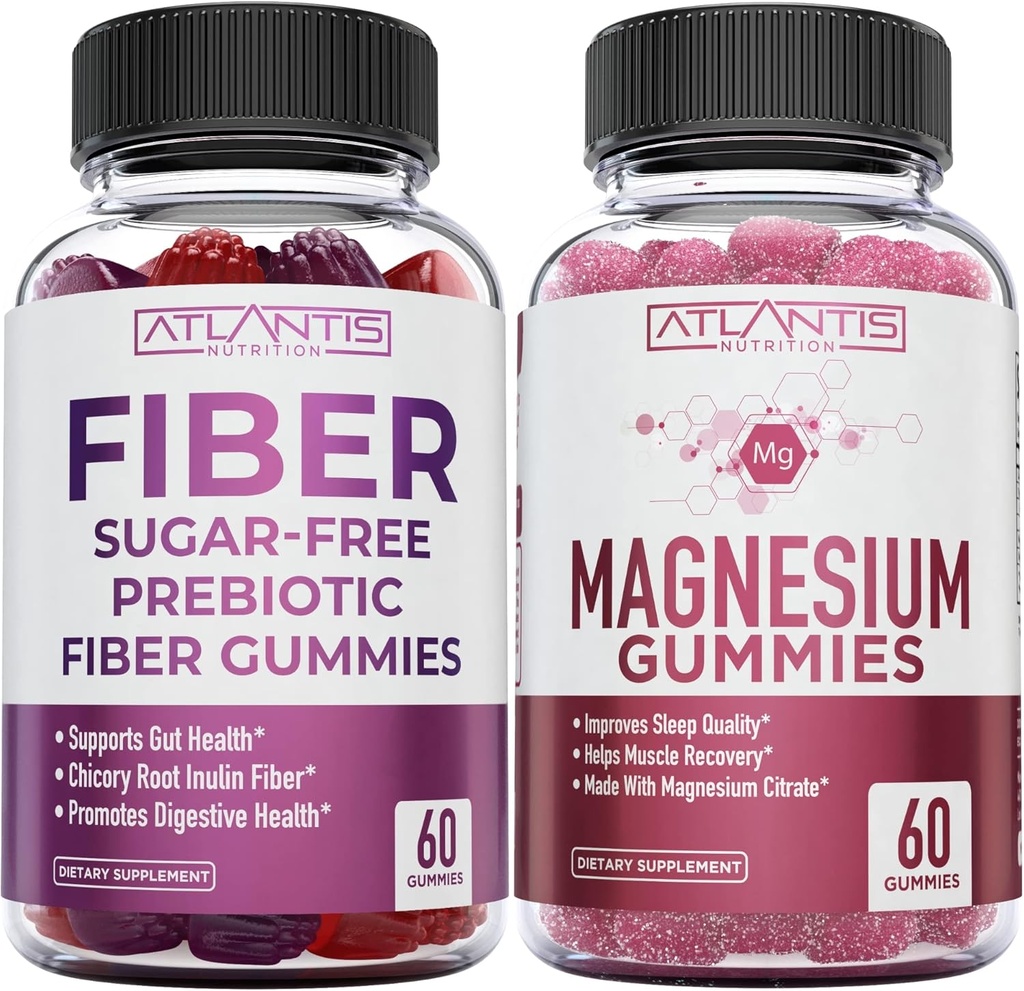 Nuttrition Atlantis Sugar Free Prebiotic Fiber Gummies for Dewasa 2-Pack (120 Gummies) + Magnesium Gummies - 770 MG Magnesium Citrate 60 Gummies
