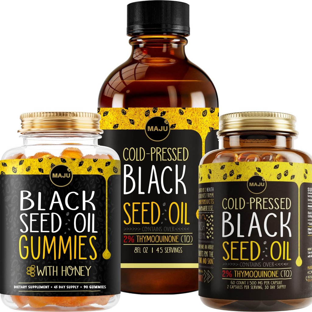 Magu Superfood Minyak Benih Hitam 3-in-1 Bundle, Gummies, Capsules, & Liquid
