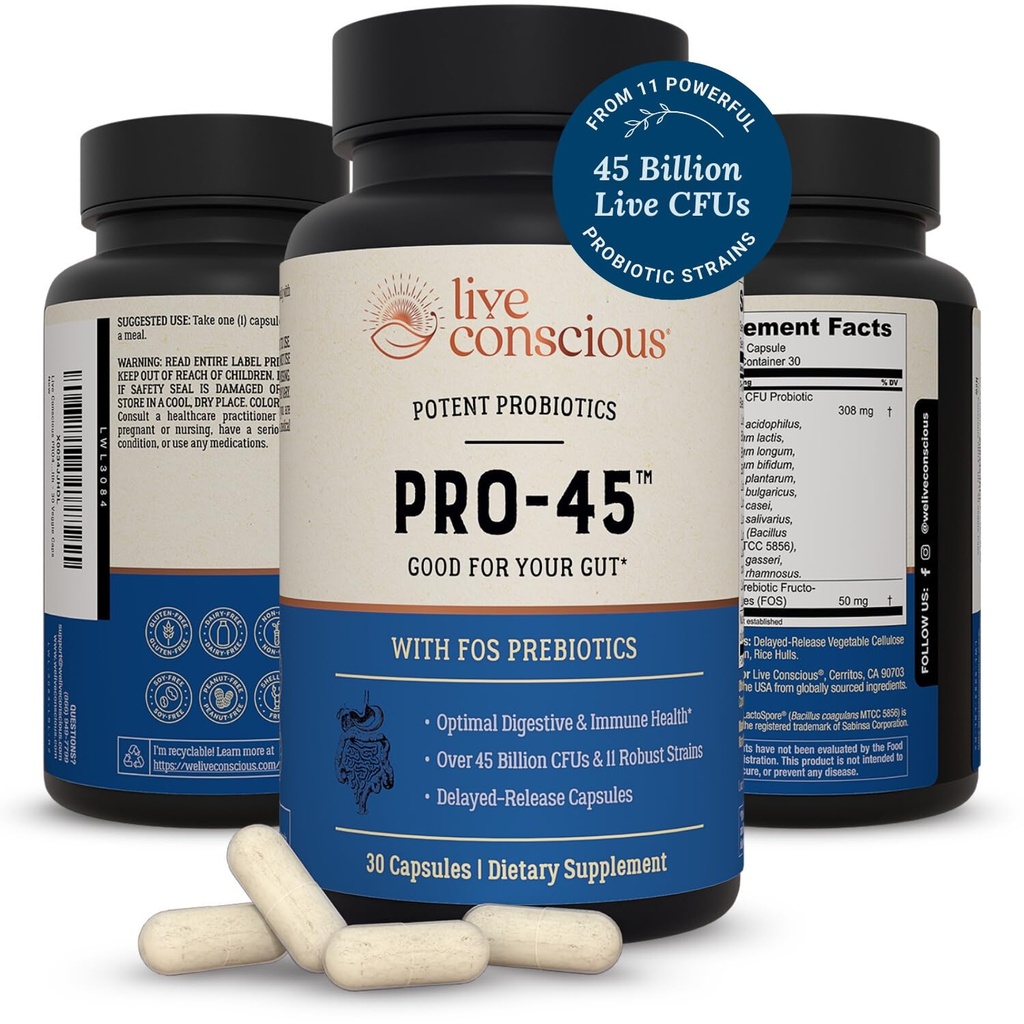 Live Conscious PROPOM for Women & Men: Comprehensive Formula Mula, 45 Milion CFU, 11 Strains, Dairy Free - w / Pregories dan Program- Promotes Imune & Gut Health - 30 veggie Caps