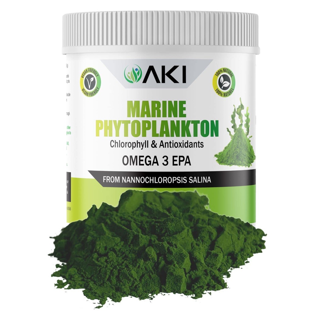 AKI Marine Phytoplankton Powder - Sumber Graw Omega- 3 EPA Micro Algae Nolchloropsis - Plant Based Protein, Vitamin for Overall Wellness - Lengkap Sumber Protein, Vegan & GMO Bebas (2oz / 57g)
