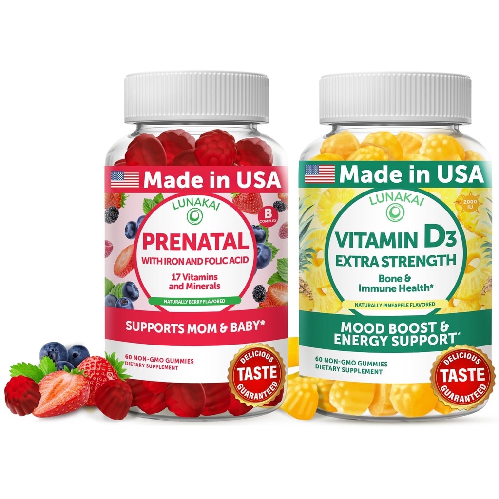Lunakai Prenatal dan Vitamin D3 Gummies Bundle - Pregnancy Multivitamin Gummy with Iron & Folic Acid - Imunity, Bone and Mood Support for Dewasa - 30 Days Suppply