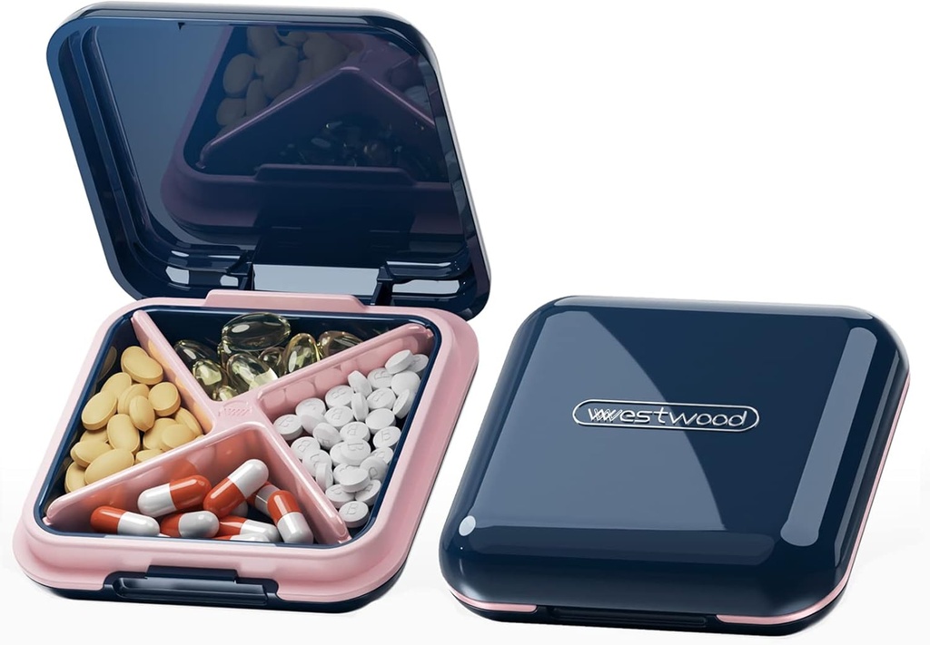 DUBSTAR Pill Box - Waterproof Harian Portable Daily Small Case for Purses Pocket Compact Travel Medictic Hoder for Vitamin, Fish Oils, Suplemen, Medikasi (Deep Blue)