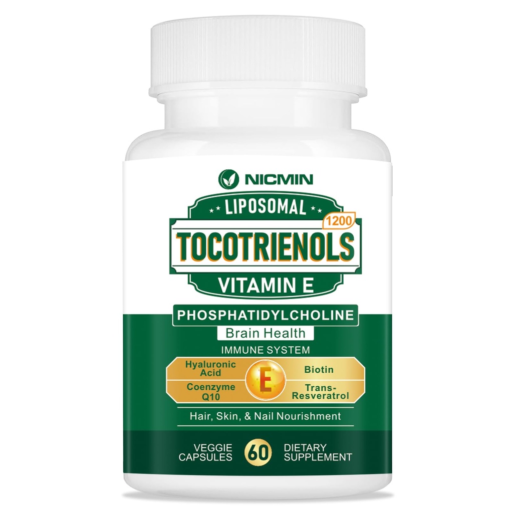 1200MG Vitamin E Tocotrienol Liposual Tocotorienol Suplemen dengan Phoshatidylcholine, 95% Delta-tocotrienol dan 5% Gamma- tocotrienol, High Absorpsi untuk Heart, Fungsi Otak 60 Capsules