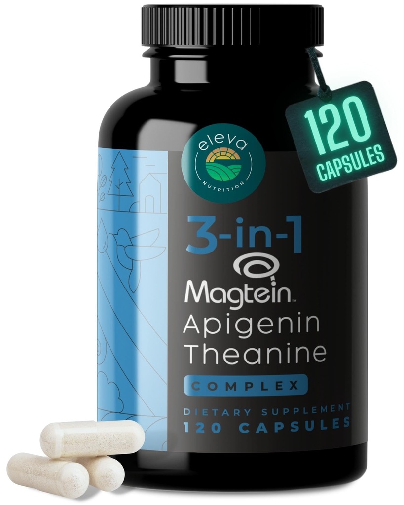 Magnesium Theanine L-Threonate Apigenin Suplement for Sleep -3- in- 1 Suplemen Kompleks Relation- Melonin Free Magnesium - Zero Filler- Gluten Free & None-GMO-120 Count Vevgie Capsules