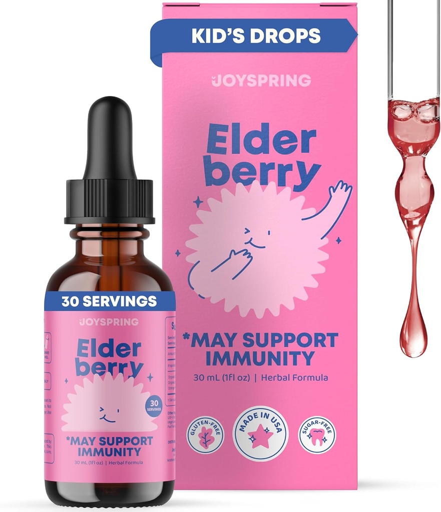JoySpring Elderberry untuk Toddlers & Kids Ammune Dukungan Liquid (1 fl oz) Abdullah 124; Peternak organik Elderberry Drops dengan Vitamin C 124; Natural Flavor 124; Vegan Suplemen