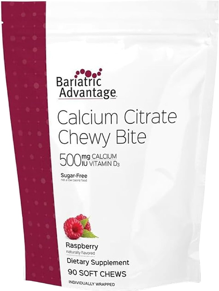Persediaan Bariatrik Kalsium Citrat Chewy Bites 500 mg - Sangat Absorbable & Digeable - Vitamin D3 - Mudah Chesily Kalsium Suplemen - Raspberry Flavor - 90 Count