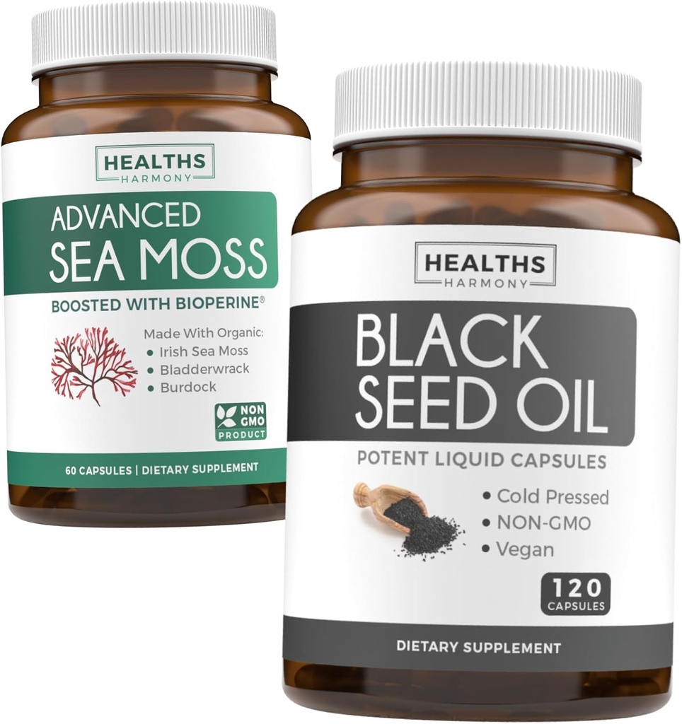 Black Seed & Sea Moss (1 Bulan Suply) Nafforshing Nature Bundle of Black Seed Oil 120 Softgel Capsules (Non- GMO & Vegan) Cold- Press Nigella Sativa & Irish Sea Moss Capsules (Non-GMO & Organik)