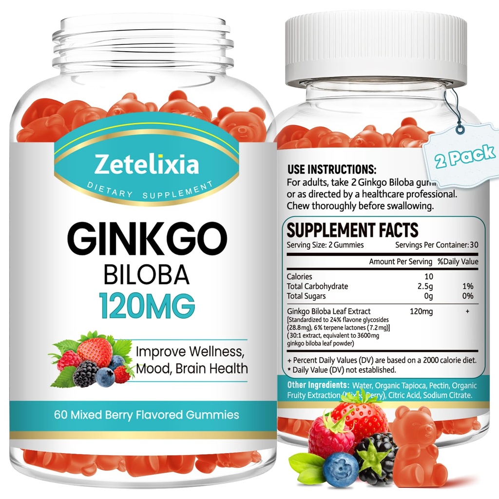 2 Pack Ginkgo Biloba Gummies for Women and Men, Brain Supplement Impreve Better Mood and Focus, Vegan Mixed Berry Flavor 120 Count