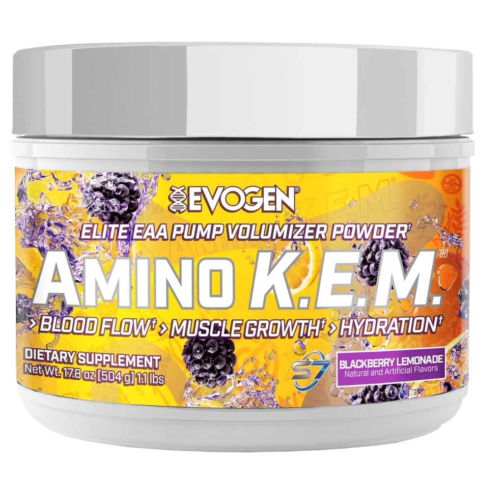Evogen Amino K.E.M. - EAA & BCAA Powder Pompa Volumizer 124; BCAAs Amino Acids Suplemen Darah, Perkembangan Otot, & Hydration 124; BlackBerry Lemonade 12430