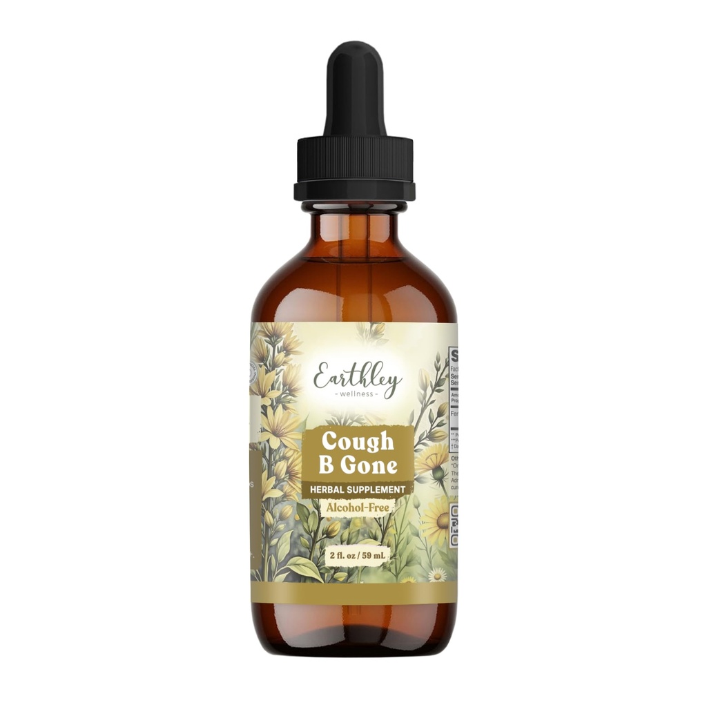 Earthley Wellness, Cough-BGone, Alcohol- Free Herbal Tincture for Kids & Adults (6 Months +), Cold and Cough Remdy, Soothes Sore Throats, Promotes Lung Health, dan Detoksifikasi (2oz, Anak-anak)