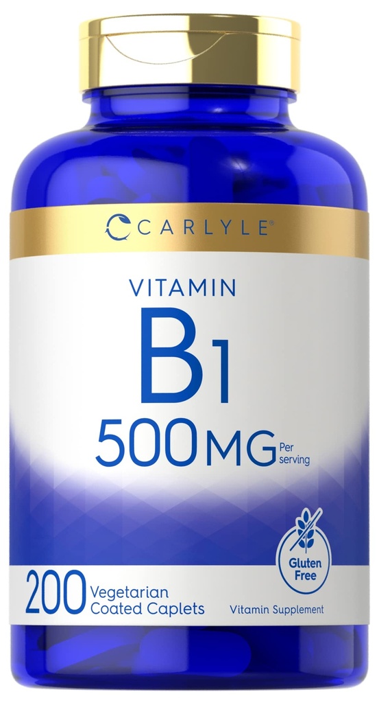 Carlyle Vitamin B1 500mg (Thiamine) 124; 200 Caplets Vegetarian 124; Non- GMO dan Gluten Free Suplemen