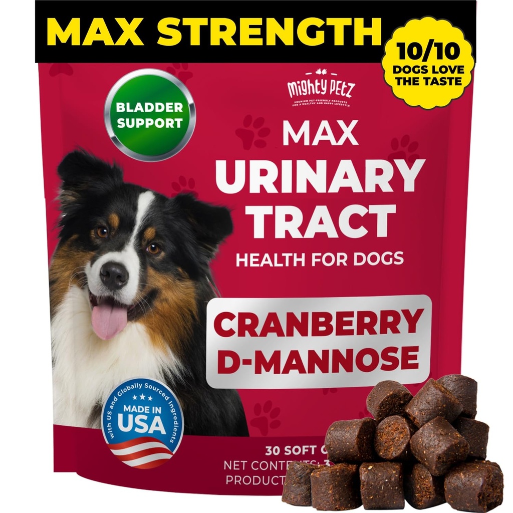 Mighty Petz MAX Cranberry for Dog UTI Treatment - MAX Strength Cranberry Suplemen untuk Dogs + D-Mannose. Bladder Control for Dogs. Urinary Trakte Care & Kidney Dukung Chews