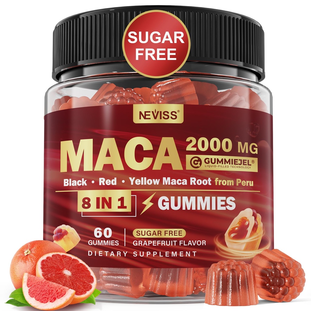 Akar Akar Gummies 2000mg untuk Pria Perempuan & Zinc 124; Sugar Free Organic Black, Red, Yellow Maca Root Supplemen Mengunyah dengan Ashwagandha Ginseng & Zinc 124; Vegan, Non-GMO, Grapeth Flavor, 60 Count