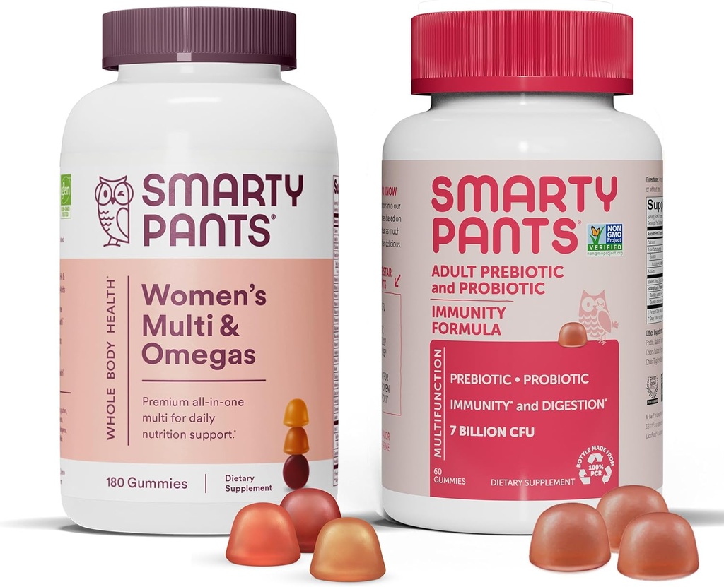 SmartyPants 's Multivitamin and Probiotic Immunity Bundle: Omega 3 Fish Oil (EPA / DHA), Methylfolat, CoQ10, Vitamin D3, C, Digetical & Imune Support (30 Hari Tambahan)