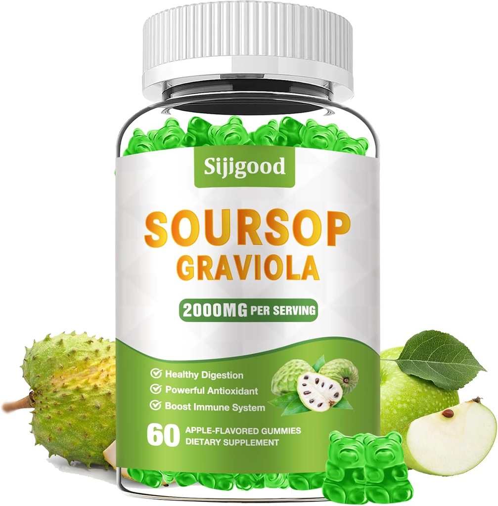 Sugar Free Soursop Graviola Gummies - Organic Soursop Leaves & Fruit - Digetical Aid, Support & Antioksidant Properties - 60 Apple Flavored Gummies