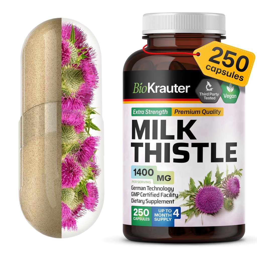 BIO KRAUTER ® Milk Thistle Suplement for Liver Cleanse & Detox - Pure Vegan Thistle Extract 1400 mg per Serving Silymarin - 250 Capsules, 125 Days of Supply, Non-GMO