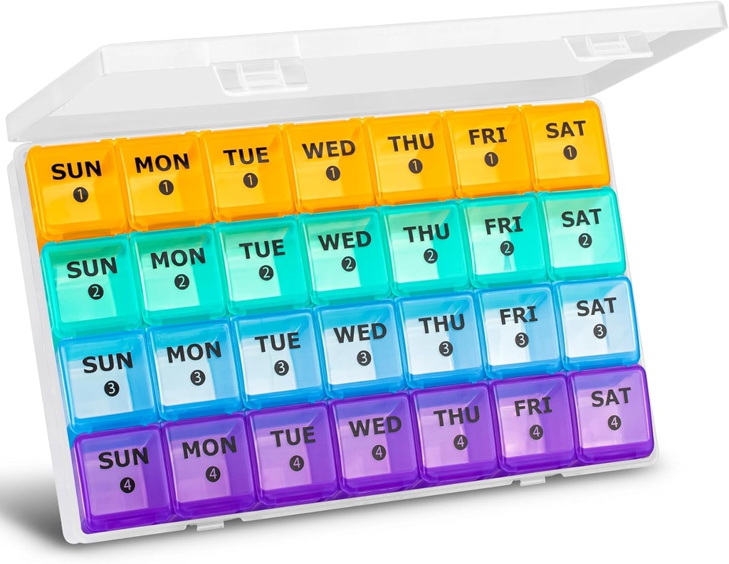 XL Large Monthly Pill Organizer 4 Weeks, 28 Day Pill Organizer Weekly, Big Complets with Travel Case, 7 Day Pill Dispenser 4 Kali sehari, Medicine Organizer Box for Vitamin, Fish Oil