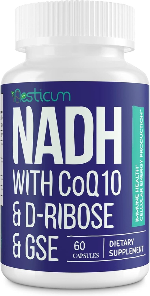NADH 50mg + CoQ10 200mg + D- Ribose 150mg Supplemen, Boosting NAD + Suplemen untuk sistem kekebalan tubuh, energi cellular, fokus, mengurangi nikotinamide Adenine Dinucleotide, 60 Veggie Capsules