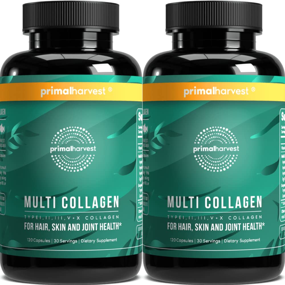 Primal Harvest 2 Pack, Multi Collagen Pill for Women and Men (Tipe I, II, V, X) Suplemen Collagen untuk Perempuan dan Pria, 120 Capsules w / Vitamin C untuk Rambut, Skin, Nails Collagen Pills Peptides Pills