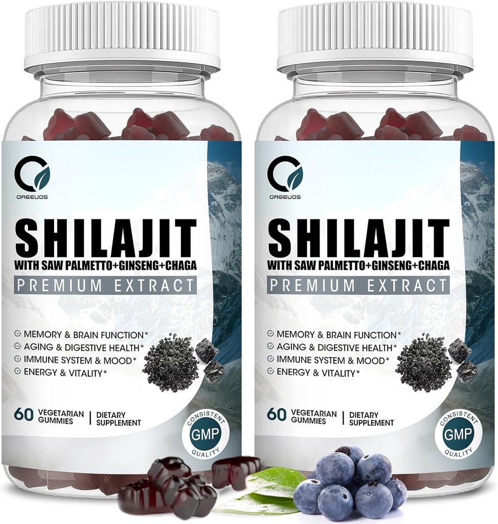 Himalaya Shilajit Gummies dengan 85 + Trace Mineces & Fulvic Acid for Energy, Ammune, Kognitive Dukungan Tinggi Potensi Murni Shilajit Supplemen Pria & Wanita 60 Gummi (2 Paket)