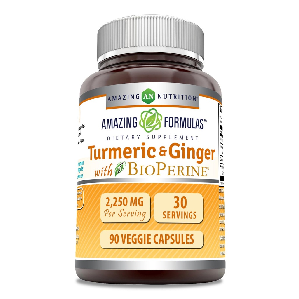 Amazing Formula Turmeric Curcumin & Ginger dengan persediaan BioPerine: 124; 2250 Mg 14; 90 Veggie Capsules; Non-GMO 124; Gluten Free 124; Dibuat di Amerika Serikat