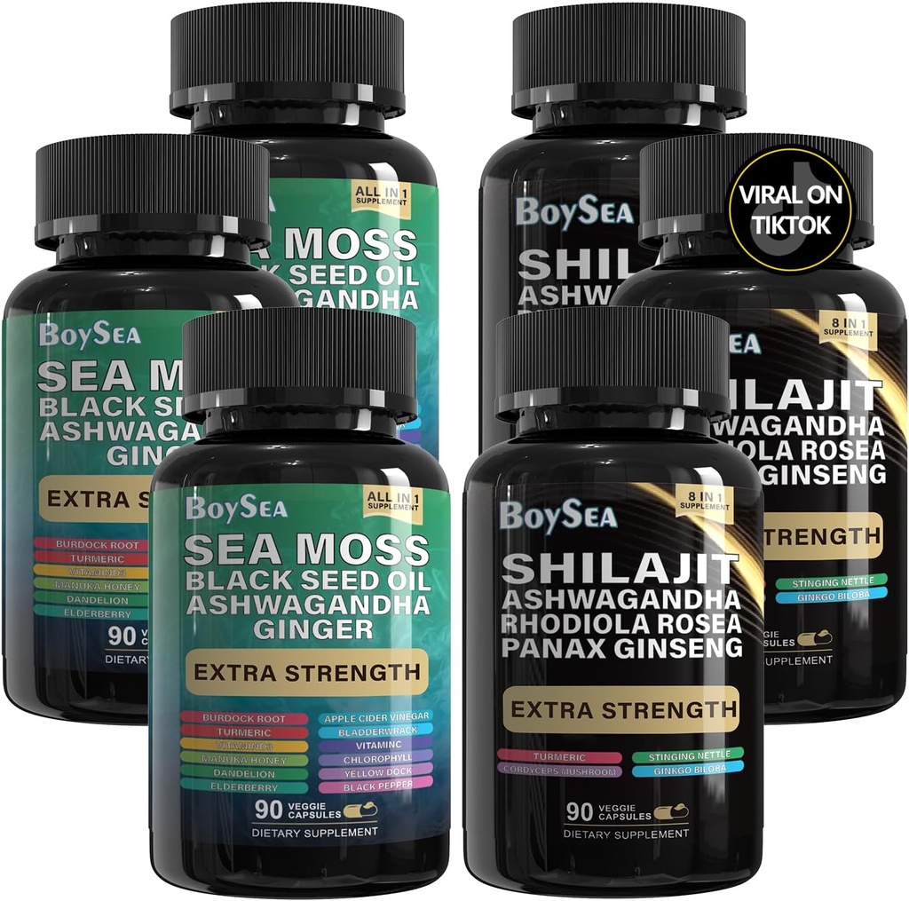 Boysea. Shilajit and Sea Moss Bundle- 90 Count - Sea Moss, Black Seed Oil, Ashwagandha, Ginger & Shilajit, Rhodiola Rosea, All in 1 Suplemen (3 Pc)