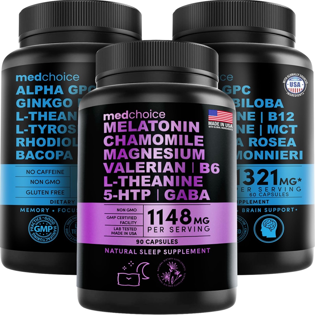 MEDCHOICE Sleep Melonatin (90ct) and Nootropic Brain (120ct) Suplement Bundle - Wellness Duo for Sleep, Brain, Focus, & Mood Support - Vegan, Non-GMO, Gluten- Free