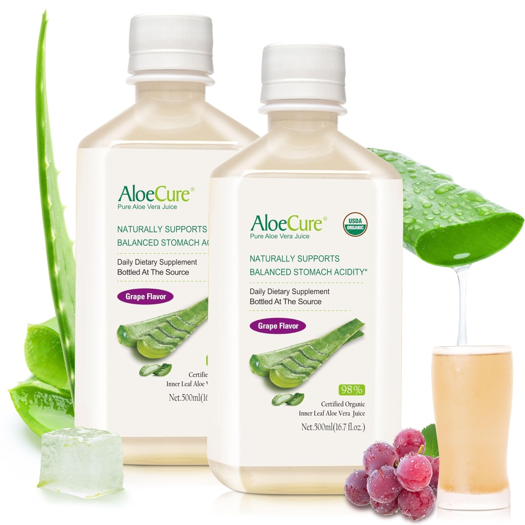 AloCure USDA Organic Aloe Vera Grap Flavor, Made In 12 Hours of Harvest - Pure Aloe Vera Digetical & Imune Health Suppplemen, Membantu Mempertahankan Acidity Balanced Stomach, 16.7oz x 2 Btls