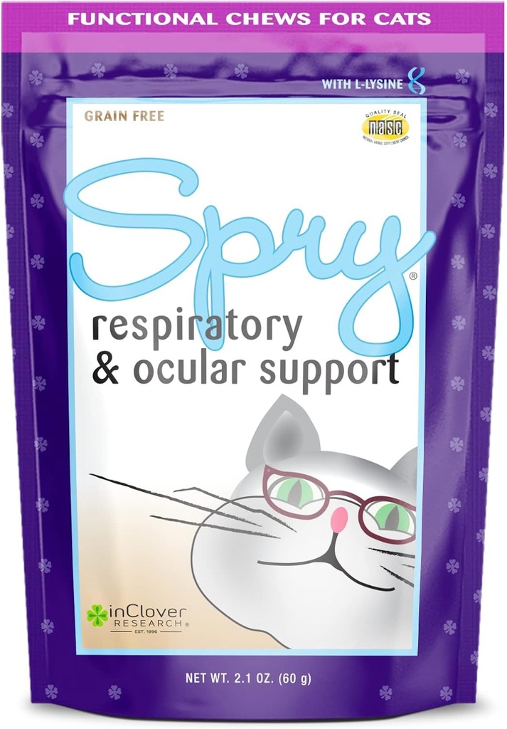Di Clover Spry Daily Repiratory and Ocular Duck Chews for Cats, dengan L-Lysine, Superfood, dan Pregories untuk Last Imune System, 2.1 oz (60 count)