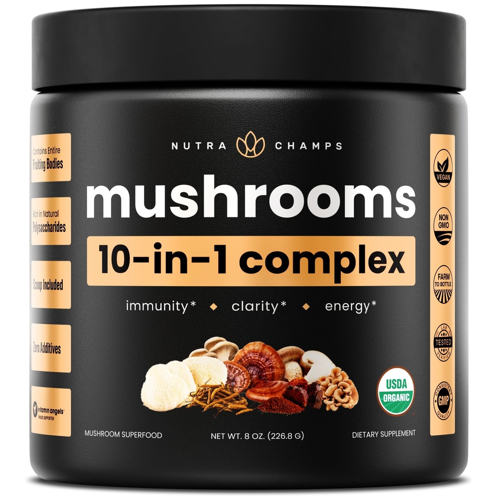NutraChamps Organic Mushroom Powder - 10-in-1 Kompleks - Mushroom Powder Blast for Memory, Fokus & Imune Dukungan - 8oz (8.0 OZ, Mushroom Blend)