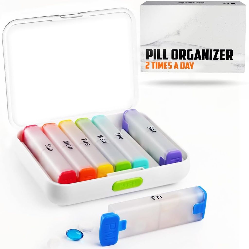 BEXEEN Weekly Pill Organizer 2 Kali sehari - Pill Box 7 Day Am Pm - Travel Medicine Organizer Dua kali sehari Vitamine Portable Case Week Morning Night Med Distenser Detaclinous Container