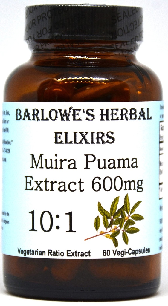 Barlowe 's Elixirs Muira Puama 10: 1 Ekstrak 124; 600mg Per Capsule 124; Vitalitas Pria Tradisional: 60 Vegan Capsules 124; Stearate- Free, Non-GMO, Paket dalam Botol Kaca