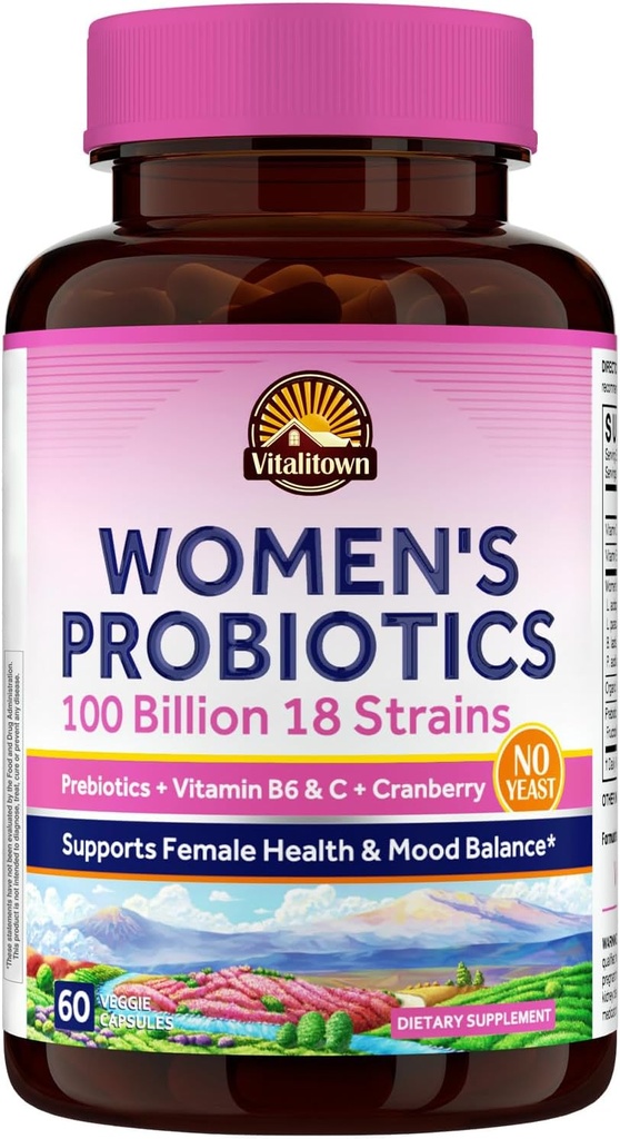 Vitalitown Women Progories 124; 100 Milyar CFUs 18 Strains 124; Pregities, VC & B6, Cranberry 124; Shelf Stable 124al, Vaginary, Digesy & Mood Dukung 124; 60 Vegan Caps