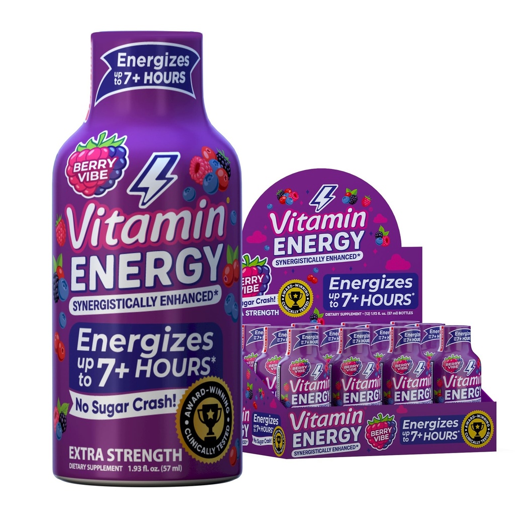 Vitamin Energy Mood + Extra Energy Shot Tropical Berry 12 Pack, 260mg Natural Caffeine, B-Vitamin, Rhodiola, Chamomile, Mood & Energy Duck, Zero Sugar, Gluten- Free, Vegan, 1.93 fl oz