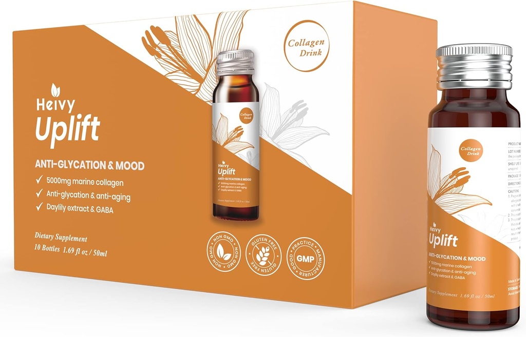 Heivy Liquid Collagen Suplement, Collagen Drink, Collagen Peptides, Age- Defying and Brightten up Your Day, Ageless Beauty, Collagen, with CoQ10, 1.69 Flanz. / Bottle (1 Box, 10 Botol)
