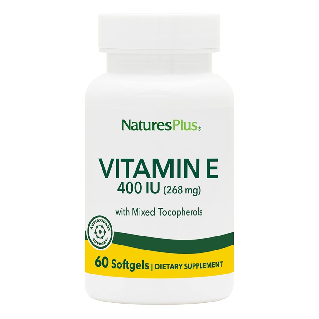 NaturesPlus Vitamin E - 400 iu Mixed D-Tocopheriol, 60 Softgels - Mudah untuk Swallow Vitamin E Suplement, Derived from Natural Soybean Oil - Free- Radical Pertahanan - Gluten- Free - 60 Servings