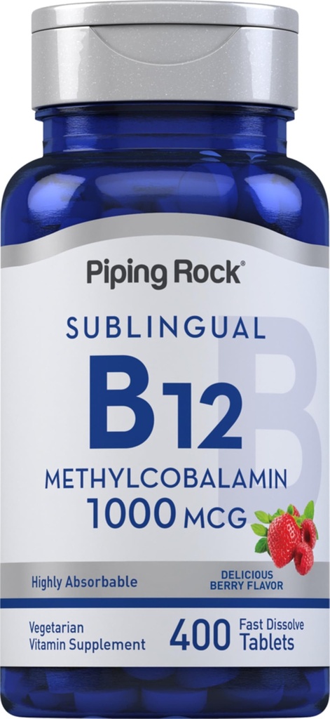 Piping Rock B12 Sublingual Tablets 126; 1000 mcg 124; 400 Pil 14; Methylcobalamin Tambahan Perempuan dan Pria 124; Berry Flavor 124; Vegetarian, Non-GMO, Gluten Free