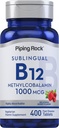 Piping Rock B12 Sublingual Tablets 126; 1000 mcg 124; 400 Pil 14; Methylcobalamin Tambahan Perempuan dan Pria 124; Berry Flavor 124; Vegetarian, Non-GMO, Gluten Free
