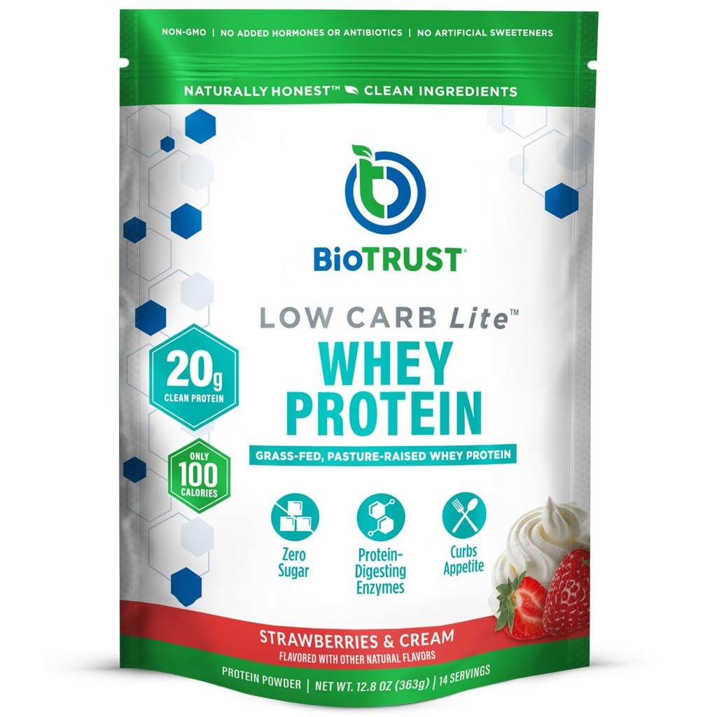 BioTrust Lower Carb Lite, 20 Grams of Grass-Fed Whey Protein Isolate, 100 Calories, ProHydrolase Digelase Enzemes, Non-GMO, Bebas dari Soy and Gluten, RBGHING (14 Pelayan) (Strawberry dan Krim)