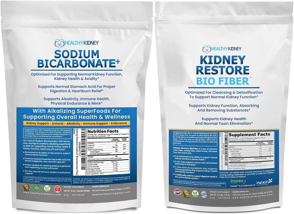 Sodium Organik Bikarbonat Alkaline Suplemen 1.5LB & Bio Fiber Kidney Detox 2.5 LBS Bundle - Mendukung Kesehatan Ginjal, Neutralizer Acach Actax, Alkali Superfixes, Dukungan Imune, Detox