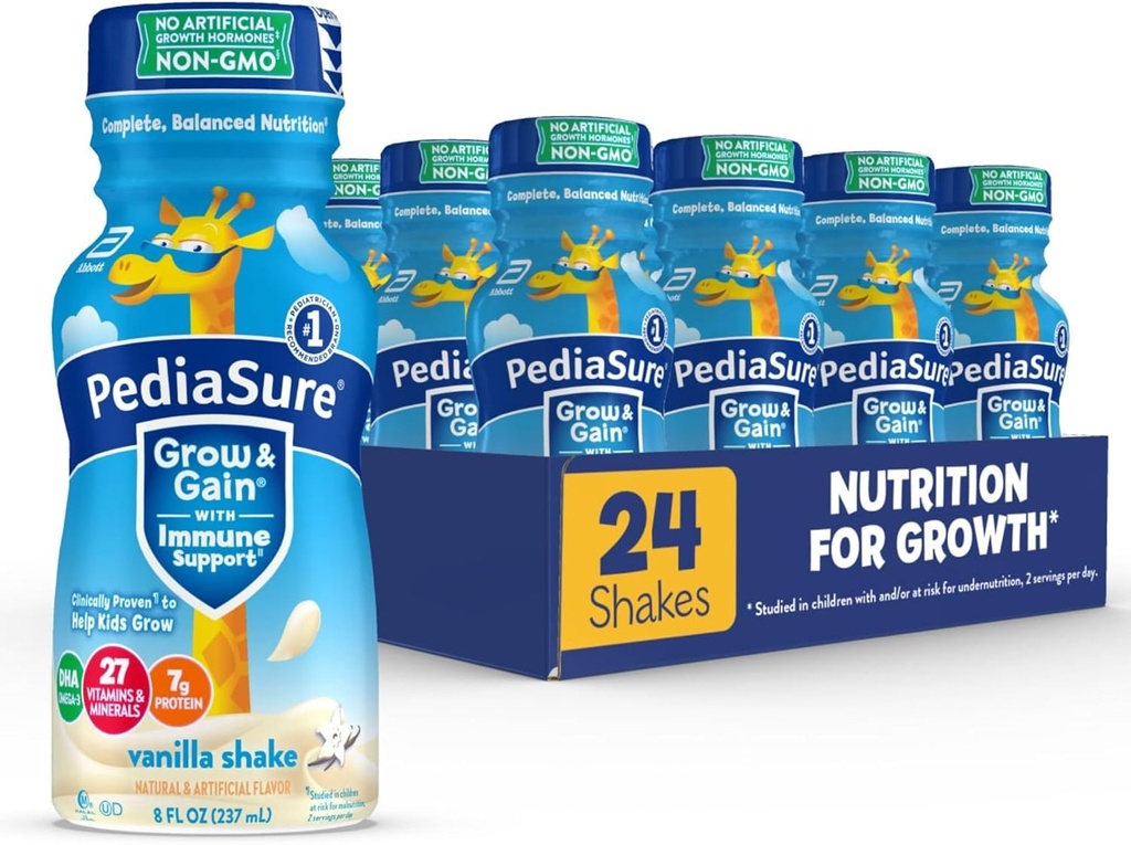 PediaSure Grow & Gain dengan Dukungan Imune, 27 Vitamin & Minemins untuk Anak-anak, 7g Protein, Non-GMO, Gluten- Bebas, Vanilla, Botol 8- Oz, Paket 24
