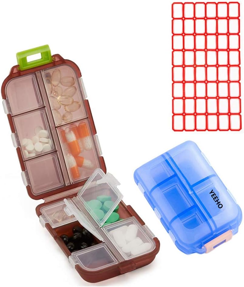 Pill Case (2 Pack) - Portable Small Suplemen Kotak Tablet Container dengan 10 Kompartemen - Obat Penyimpanan Organisasi Vitamin untuk Travel Pocket Purse (Blue + Chocolate)
