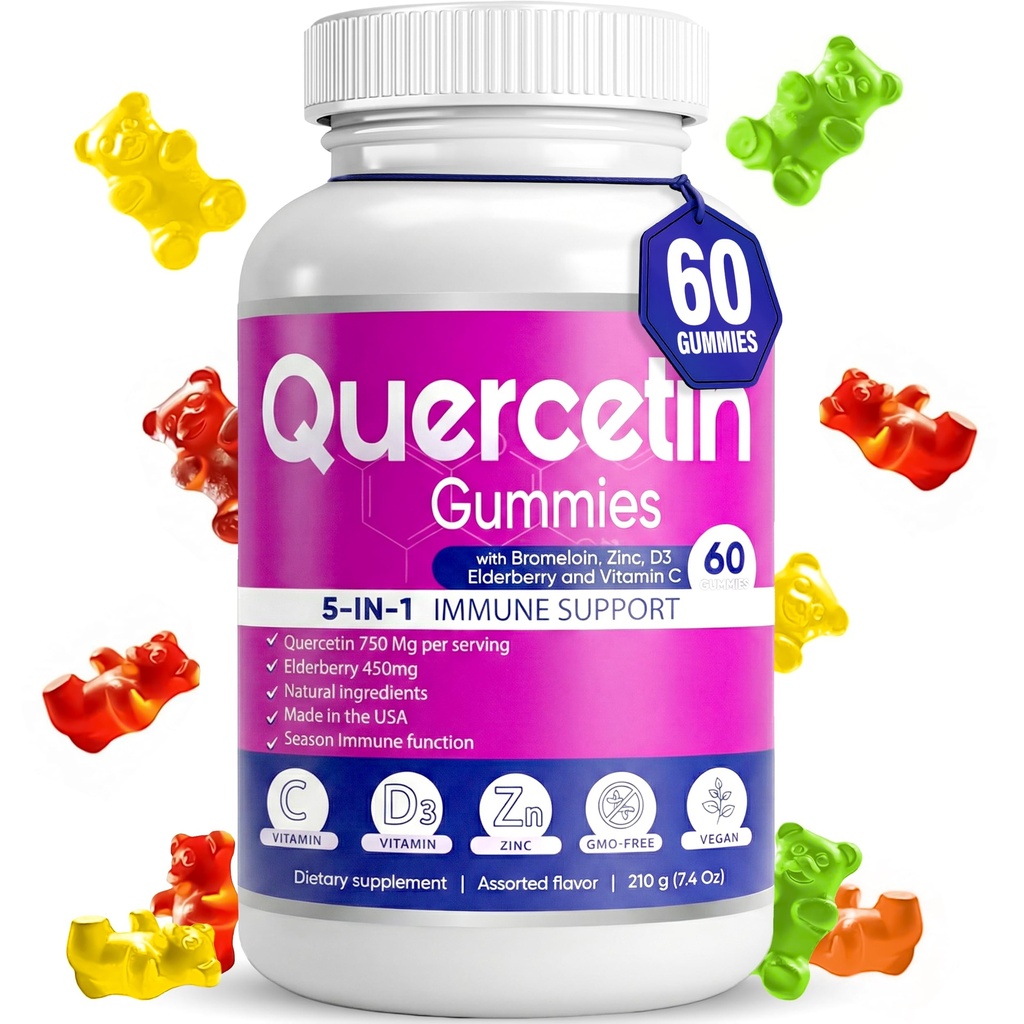 Quercetin Gummies by BioVitalica - Quercetin with Bromelain Vitamin C dan Zinc + Elderberry + Vitamin D3- 5 in 1 Immune Dupport - Zinc Quercetin 750 mg for Kids and Adults (1)