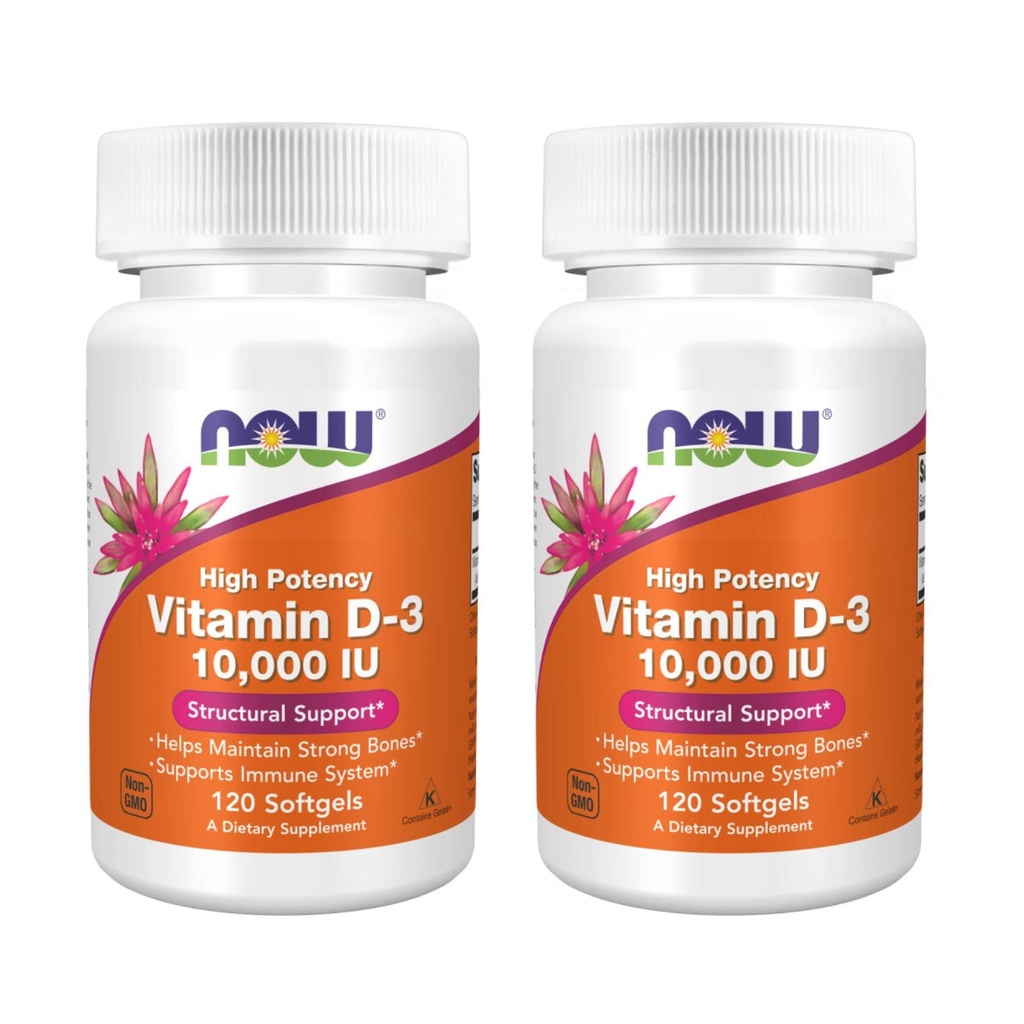 NOW Foods High Potency Vitamin D- 3, 10.000 IU, 120 Softgels, 2 Pack