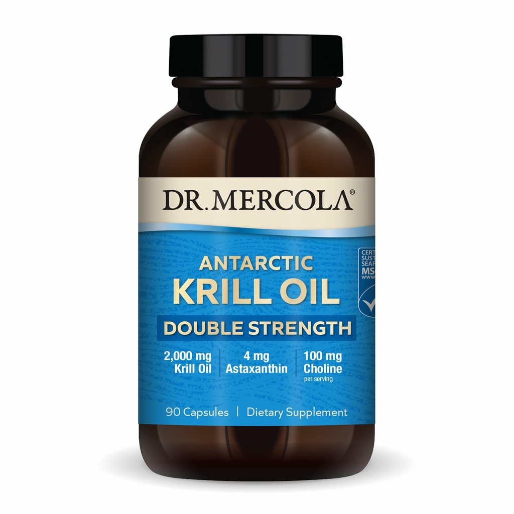 Dr. Mercola Antartika Krill Kekuatan Ganda - 2.000 mg - Omega- 3 Tambahan dengan EPA & DHA - Pendukung Otak, Jantung, Gabungan & Imune Kesehatan - Bebas & Gluten- 90 Kapsul (30 Hamba)
