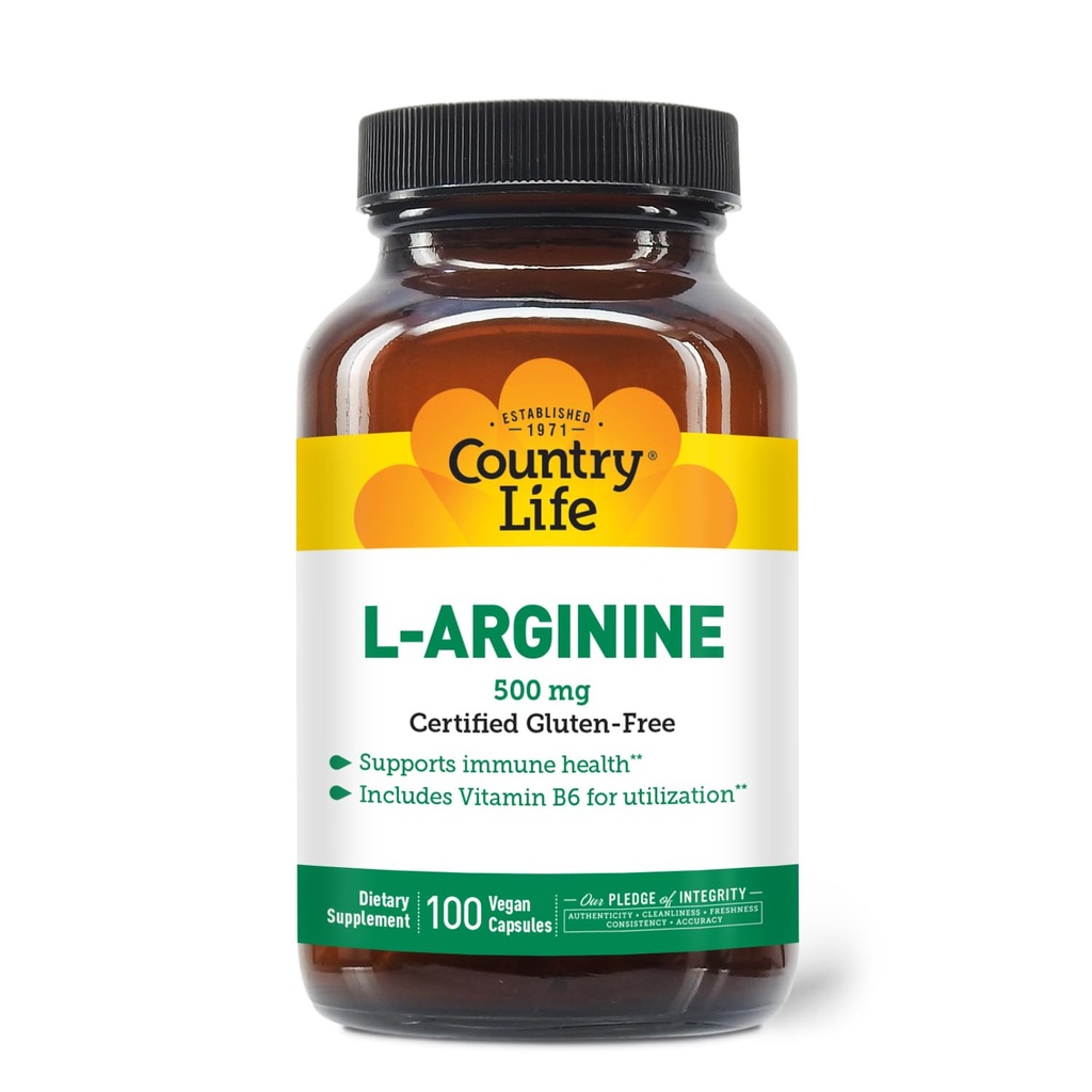 Country Life L-Arginine Caps dengan Vitamin B-6, 500mg, 100 Vegan Capsules, Disertifikasi Gluten Bebas, Sertifikasi Vegan